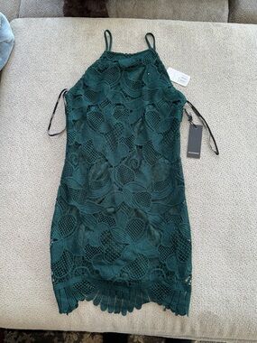 Forever 21 Dark Green Crochet Halter Mini Dress